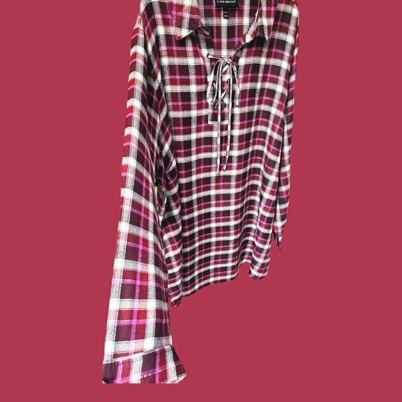 LANE BRYANT Plus Size Long sleeve Shimmery Plaid Top With Tie Front Closure. - Picture 8 of 14